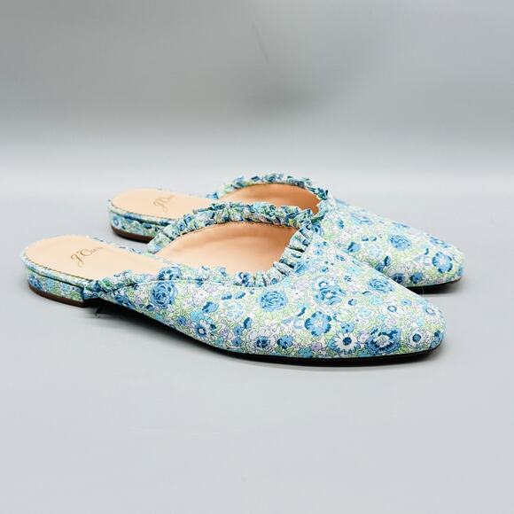 J Crew Shoes Women 8 Blue Green Floral Ruffle Trim Mule Flat Pointed Toe Slip On - Picture 2 of 12